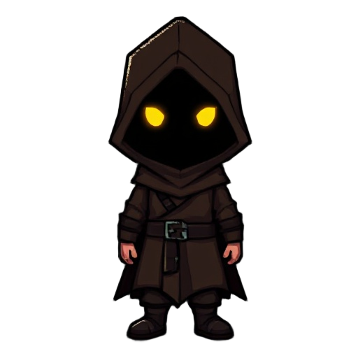 a pixel art character in a medieval fantasy style, wearing a dark brown hooded cloak that covers the entire body. the character's face is completely hidden in shadow — only two glowing yellow eyes are