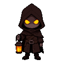 pixel art character in a dark brown hooded cloak, glowing yellow eyes in a shadowed face, no visible features. holds orange lantern, wears square-buckled belt