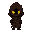a pixel art character in a medieval fantasy style, wearing a dark brown hooded cloak that covers the entire body. the character's face is completely hidden in shadow — only two glowing yellow eyes are