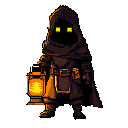 pixel art character in a dark brown hooded cloak, glowing yellow eyes in a shadowed face, no visible features. holds orange lantern, wears square-buckled belt