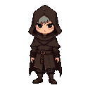 a pixel art character designed in a medieval fantasy style, wearing a dark, desaturated brown hooded cloak that drapes over the entire body. the cloak is layered and textured with subtle shading, evok