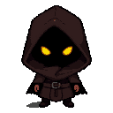 a pixel art character in a medieval fantasy style, wearing a dark brown hooded cloak that covers the entire body. the character's face is completely hidden in shadow — only two glowing yellow eyes are