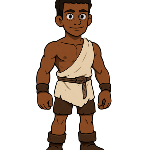 a lean but muscular adult male with dark skin and short curly hair, designed to look like a young adventurer. he wears a white asymmetrical cloth tunic over one shoulder, tied with a rope belt, and da