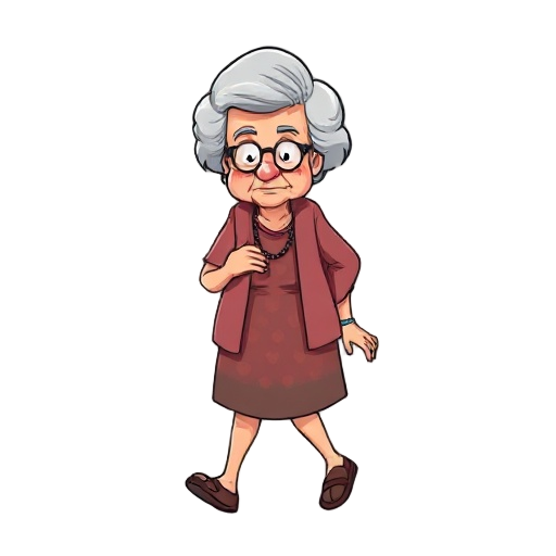 a 2d sprite of a grandma, should include getting hurt, walking, idle