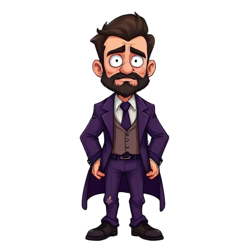 full-body view of a middle-aged ceo villain with short dark brown hair and a beard wearing a worn-out and damaged purple suit