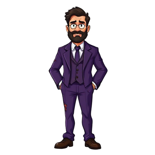 full-body view of a middle-aged ceo with short dark brown hair and a beard wearing a worn-out and damaged purple suit