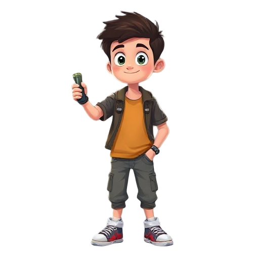 create a boy in casual clothes holding a hand flashlight