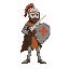 create me a knight in rigth arm carrying a sword and left arm carrying round shield, set the character positien view is side mode and direction on the west 
