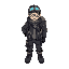 the character should wear a modern cool jacket, boots, gloves, and goggles on the forehead, holding a small mine bag or pouch on the side. the pose should be in a neutral idle standing pose.