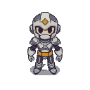 create a clean, top-down pixel art sprite of a chibi-style hero character for a 2d mobile game. the hero should have a small, cute body with a large head and small arms and legs.