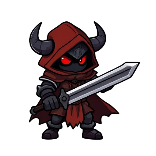 generate a pixelated character from side ways, it's dark a little heavy looking guy, wearing a rusted armor and red + brown hood and cape wielding a sword, it has red eyes and the eyes are the only thing which can be seen, and the character has dark grey 