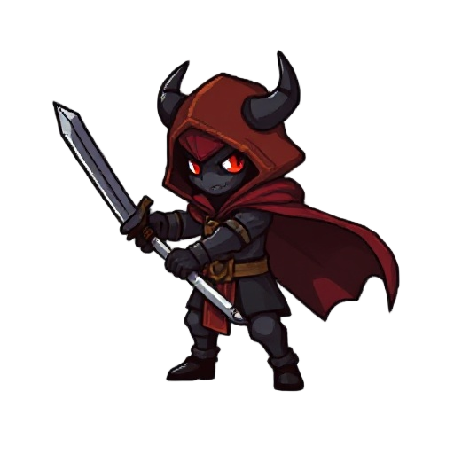 generate a pixelated pixel-art character from side ways, it's dark a little heavy looking guy, wearing a rusted armor and red + brown hood and cape wielding a sword, it has red eyes and the eyes are the only thing which can be seen, and the character has 