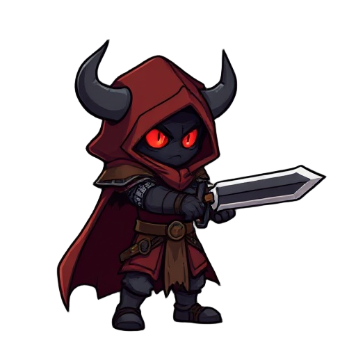 generate a pixel character form side ways, it's dark a little heavy looking guy, wearing a rusted armor and red + brown hood and cape wielding a sword, it has red eyes and the eyes are the only thing which can be seen, and the character has dark grey horn