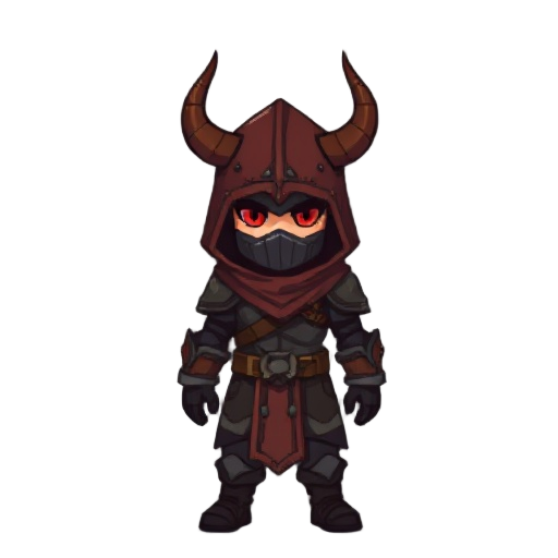 generate a pixelated character wearing dark grey + brown armor, and rusted red brown color hood with horns and red eyes, and hidden face behind that hood. 