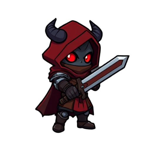 generate a pixelated character form side ways, it's dark a little heavy looking guy, wearing a rusted armor and red + brown hood and cape wielding a sword, it has red eyes and the eyes are the only thing which can be seen, and the character has dark grey 