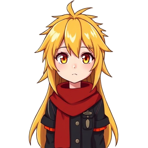 a girl with long yellow messy spiky hair with orange eyes red scarf and black solider uniform
