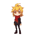 a girl with spiky yellow messy hair orange eyes red scarf black uniform black pants black shoes silly