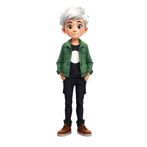 a young boy with white hair, wearing green denim jacket, a black shirt with a white circle on the chest, his pants are black and his shoes are brown.