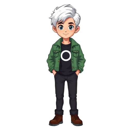 a young boy with white hair, wearing green denim jacket, a black shirt with a white hoop on the chest, his pants are black and his shoes are brown. pixel art style.