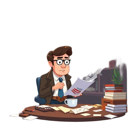 make me a detective analyzing materials in his office with coffee with smoke in the air and his office is filled with books and scattered paper. on the upper corner of the office is a ceiling fan