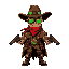 sprite of a steampunk gunslinger: wide hat, glowing green goggles, face red bandana, brown poncho with skull patterns, twin revolvers smoking, ammo belt, mechanical kneepads, and a green gear belt buckle. dark western wasteland background.