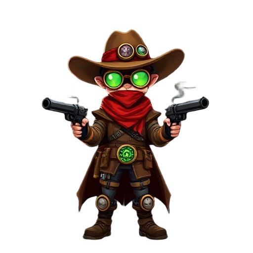 sprite of a steampunk gunslinger: wide hat, glowing green goggles, face red bandana, brown poncho with skull patterns, twin revolvers smoking, ammo belt, mechanical kneepads, and a green gear belt buckle. dark western wasteland background.