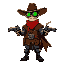 sprite of a steampunk gunslinger: wide hat, glowing green goggles, face red bandana, brown poncho with skull patterns, twin revolvers smoking, ammo belt, mechanical kneepads, and a green gear belt buckle. dark western wasteland background.