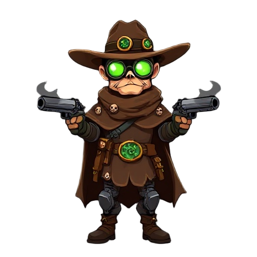 sprite of a steampunk gunslinger: wide hat, glowing green goggles, brown poncho with skull patterns, twin revolvers smoking, ammo belt, mechanical kneepads, and a green gear belt buckle. dark western wasteland background.