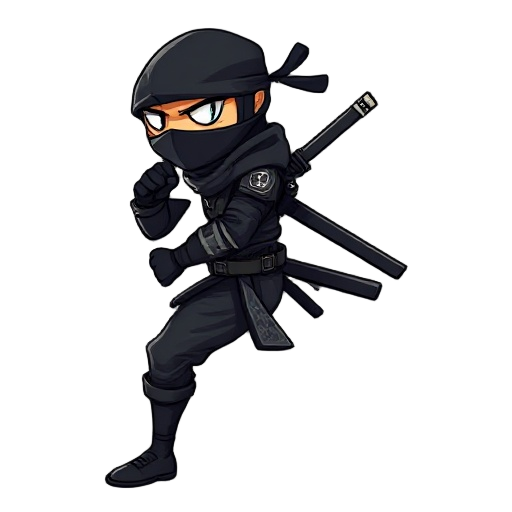 a side-view ninja character in a dynamic stance, wearing traditional black shinobi attire with subtle modern tactical elements. mask covers the face, with only intense glowing eyes visible. dual katanas strapped across the back, one hand gripping a sword,