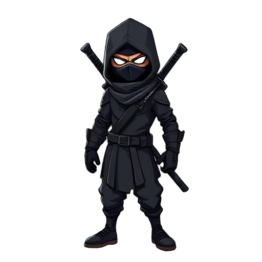 a mysterious ninja character in a dynamic pose, wearing traditional black shinobi attire with modern tactical elements. mask covering face, glowing eyes visible through the shadow. sleek armored gauntlets, dual katanas strapped on the back, and throwing s