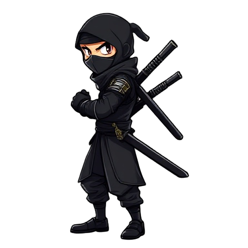 a side-view ninja character in a dynamic stance, wearing traditional black shinobi attire with subtle modern tactical elements. mask covers the face, with only intense glowing eyes visible. dual katanas strapped across the back, one hand gripping a sword,