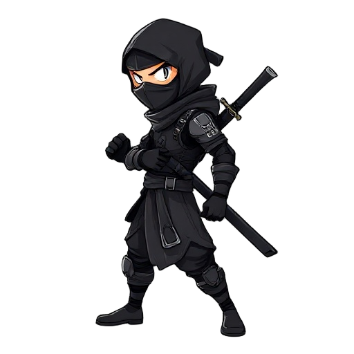 a side-view ninja character in a dynamic stance, wearing traditional black shinobi attire with subtle modern tactical elements. mask covers the face, with only intense glowing eyes visible. dual katanas strapped across the back, one hand gripping a sword,