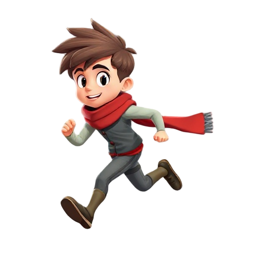 character of a running boy wearing a scarf and long hair