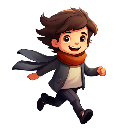 character of a running boy wearing a scarf and long hair