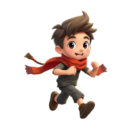 character of a running boy wearing a scarf and long hair