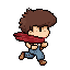 character of a running boy wearing a scarf and long hair