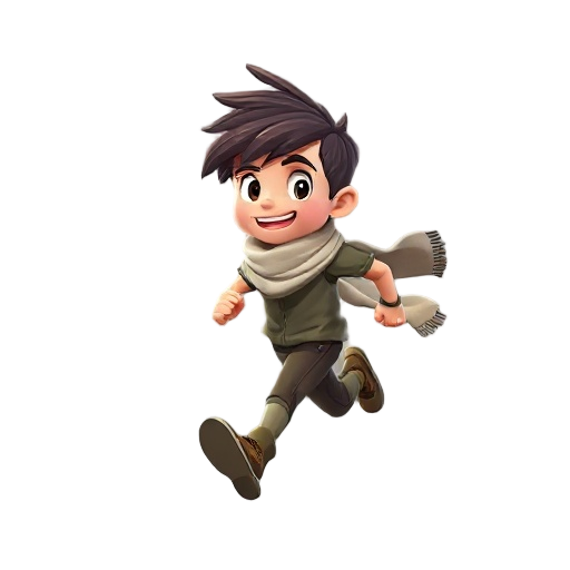 character of a running boy wearing a scarf and long hair