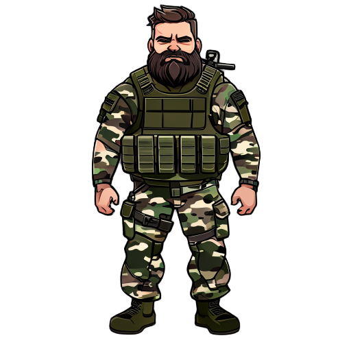 military harden rugged bearded man wearing camouflage and bulletproof vest