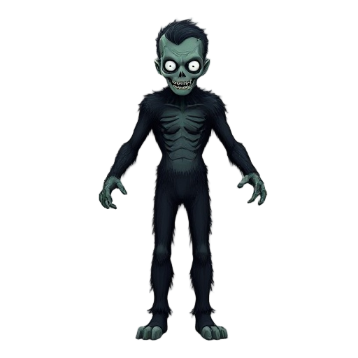 horror cartoon style 3d model,full body front a-pose 30° arms, feet fully in frame,black furry suited zombie, black eyes , tall 1:6 proportion,needle hair,  t-pose front, a-pose feet in frame