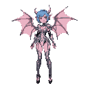 create a succubus, anime styled woman with demonic wings and short blue hair. she wears silver scantily clad armor and black high heels