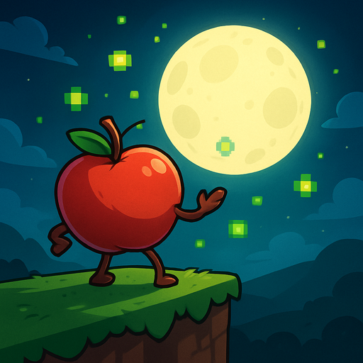 having an apple dancing and starring at the moon and we look from behind the apple . and there's minecraft particle xp floating around it. the moon is big and the apple is on a cliff