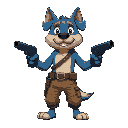 a blue and brown dog, wearing trousers and 3 belts. gun hands. small head.