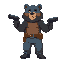 a blue and brown bear, wearing trousers and 3 belts. gun hands.