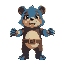 a blue and brown bear with robot hands. wearing a belt.