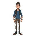 a comically tall and skinny man. blue and brown clothes. 
