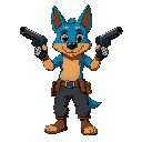 a blue and brown dog, wearing trousers and 3 belts. gun hands.