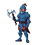 a comically tall and skinny knight in blue armour. wielding an axe.