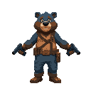 a blue and brown bear, wearing trousers and 3 belts. gun hands.
