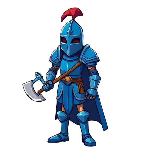 a comically tall and skinny knight in blue armour. wielding an axe.