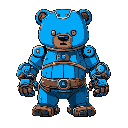 a blue and brown bear with robot hands. wearing a belt.